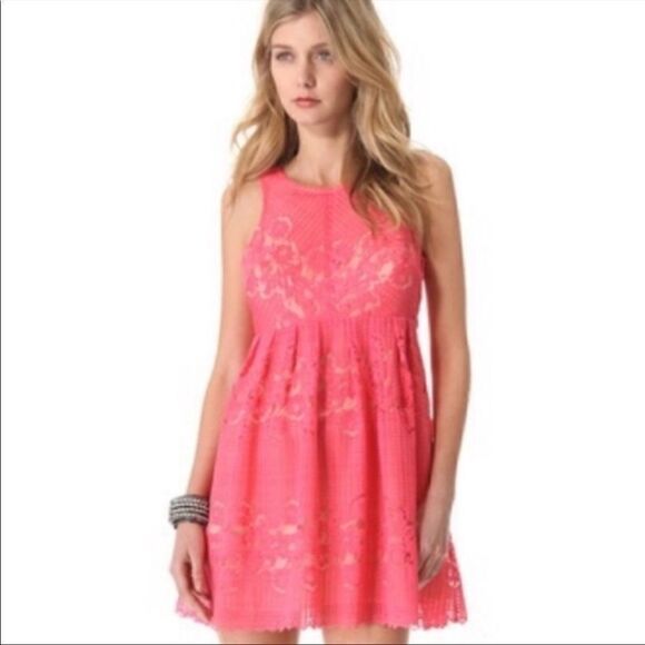 NWOT Free People Rocco Coral Pink Lace Babydoll Dress - Picture 1 of 11